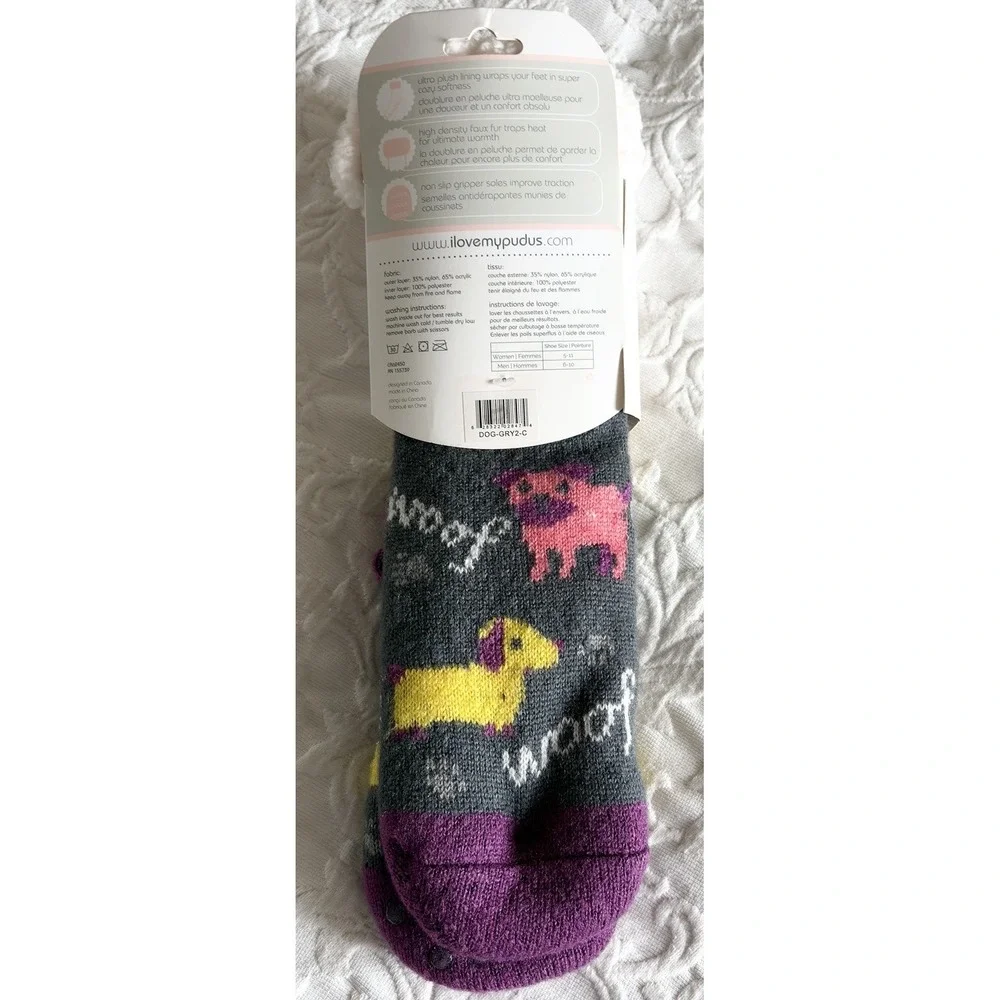 Pudus Slipper Socks Women Gray Dog Print Faux Fur Lined Non Slip Gripper NWT